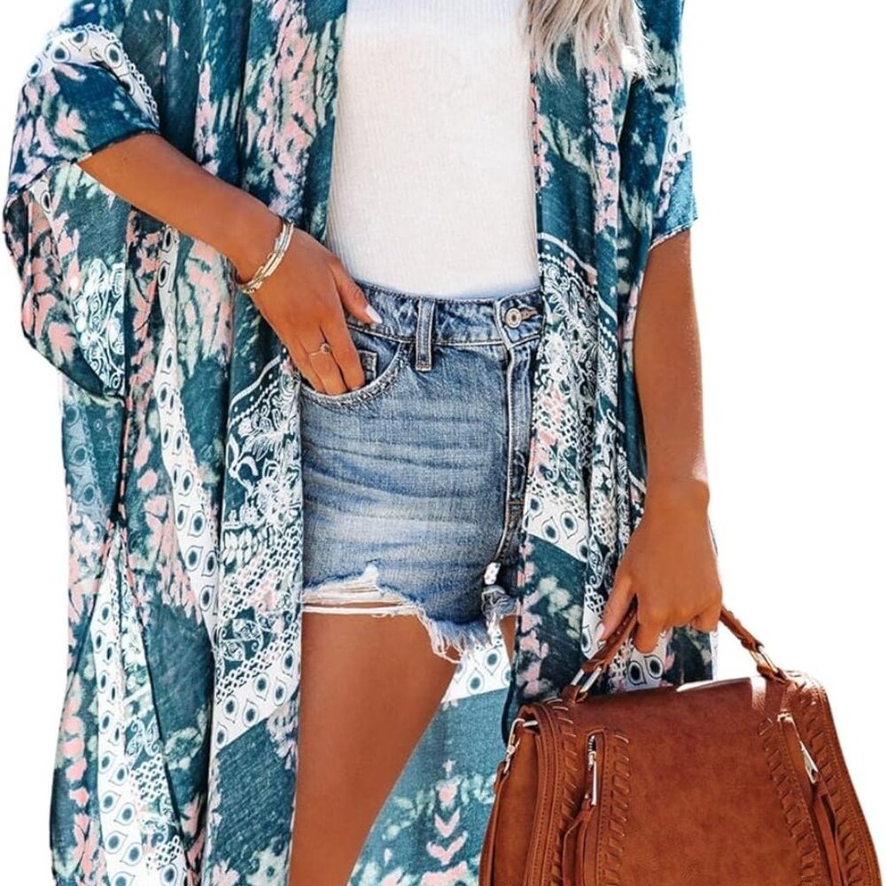 Women's Beach Cover up Swimsuit Kimono with Bohemian Floral Print, Loose Casual